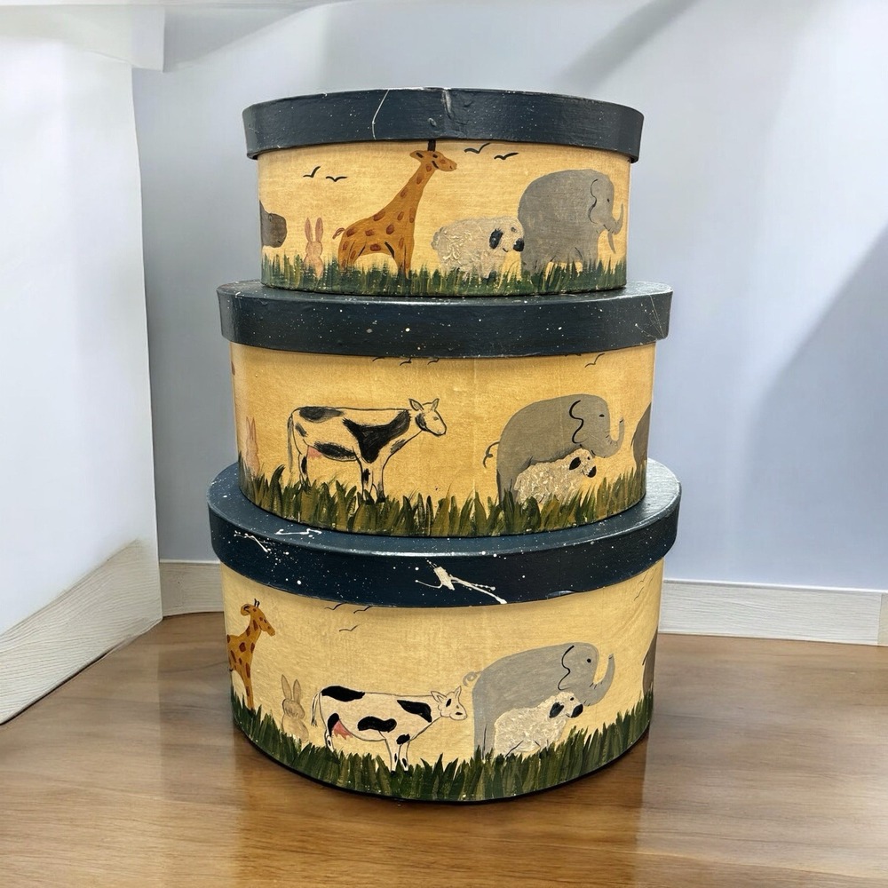 Vintage Hand-painted Nesting Box 3 PC Set With Animals Nursery Farmhouse Decor - Picture 11 of 11